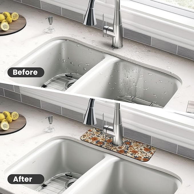 Faucet Draining Mat For Kitchen Sink, Peony Flower Blue Leaves Diatom Mud Absorbent Drain Pad For Bathroom Kitchen Sink Splash Guard Drying Mat