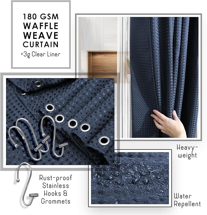 Clara Clark Bathroom Accessories Set - Bathroom Set, Bathroom Accessory Set, Shower Curtain Set, Toilet Brush, Trash Can & Soap Dispenser - Navy - 20PC