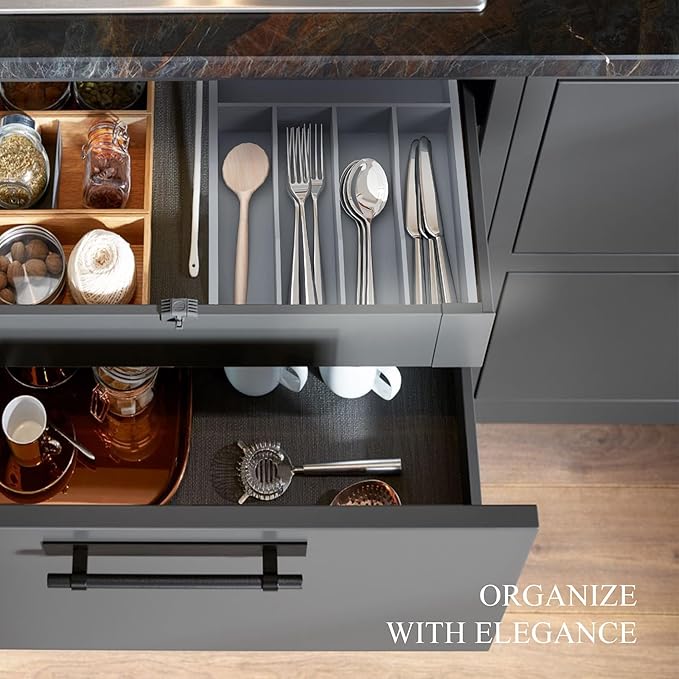 Silverware Organizer, Bamboo Kitchen Drawer Organizer, Utensil Holder, Cutlery Tray & Spoon Flatware Storage with Grooved Drawer Dividers(5 Slots, Grey)