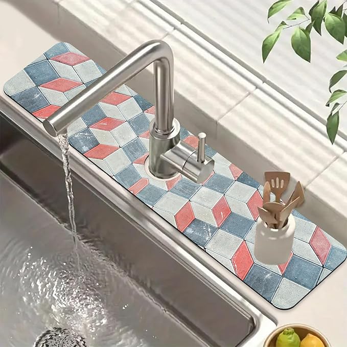 Red Gray Tile Kitchen Sink Splash Guard Faucet Mat Red White Diamond Super Absorbent Fast Drying Mat Sink Splash Guard Behind Faucet for Kitchen Bathroom, 23.5"x5.5"