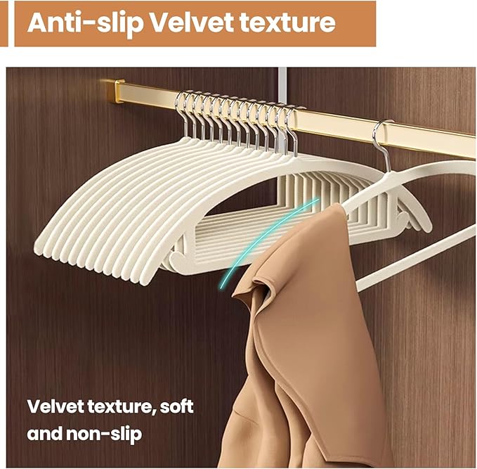 Jiang&Rong 60 Pack Beige Velvet Hangers, Ultra Thin Space Saving Non-Slip Clothes Hangers, No Shoulder Bumps Suit Hangers for Sweaters, Jackets, Pants, Dresses & Shirts, Heavy Duty Velvet Coat Hanger