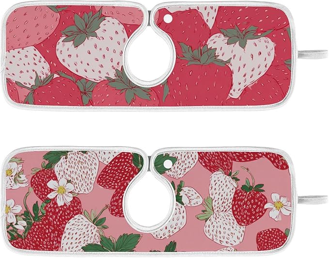 Sink Faucet Absorbing Mat Kitchen Sink Splash Guard Splash Faucet Drip Catcher for Bar RV Bathroom 2PCS 30x5.5in Pink White Strawberries Flowers