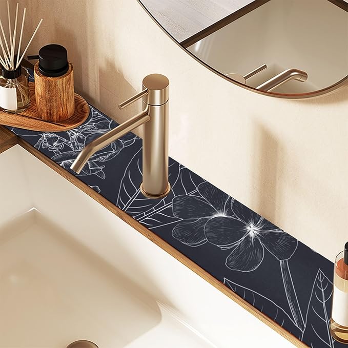 Kitchen Sink Splash Guard Sink Faucet Mat Faucet Handle Drip Catcher Drain Mats for Kitchen Bathroom Countertop Absorbent Dish Drying Mat Pad 2pack 14.7x5.4Inch Black White Floral