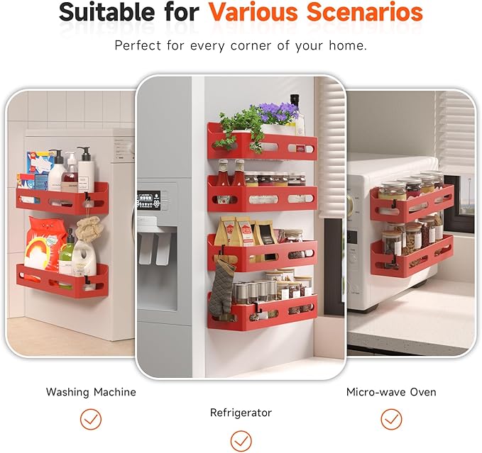 4 Pack Strong Magnetic Spice Rack for Refrigerator, Multipurpose Magnetic Shelf for Fridge with 4 Hooks for kitchen and Bathroom Organization, Red