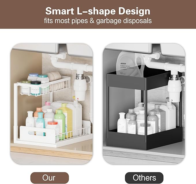 VUSIGN 2 Tier Under Sink Organizer, Slide Out Pull Out Cabinet Organizer, Cabinet Kitchen Bathroom Storage Organization Shelf, 2 Pack, White