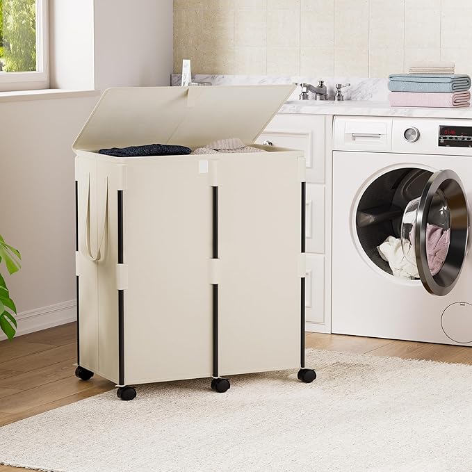 Chrislley 140L Large Double Laundry Hamper with Lid and 6 Wheels, Rolling Laundry Basket with 2 Removable Bags, Heavy Duty Metal Frame Laundry Cart, Dirty Clothes Hamper for Bathroom, Bedroom (Beige)
