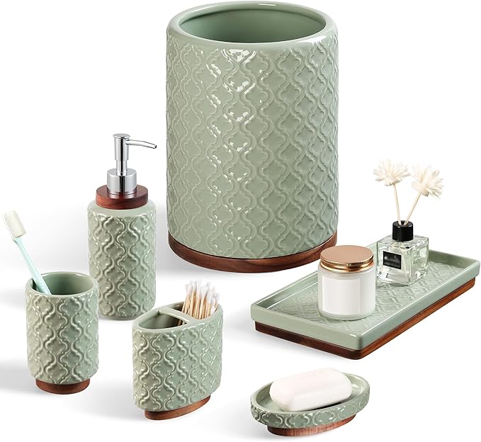 Bathroom Accessories Set Green 6 Pieces Toothbrush Holder Soap Dispenser Ceramic Bathroom Accessory Set Contain Toothbrush Cup Soap Dish Tumbler