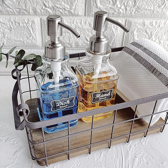 JASAI 2Pack Antique Design Glass Soap Dispenser with Rust Proof 304 Stainless Steel Pump, Refillable Hand Soap Dispenser with 10Pcs Stickers, Premium Soap Dispensers for Kitchen & Bathroom (Clear)