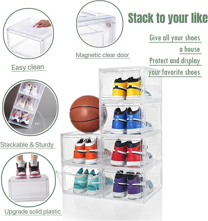 Shoe Organizer Shoe Storage Boxes, 6 Pack Large Drop Front Shoe Boxes with Magnetic Door, Clear Plastic Stackable Shoe Containers (Clear White)