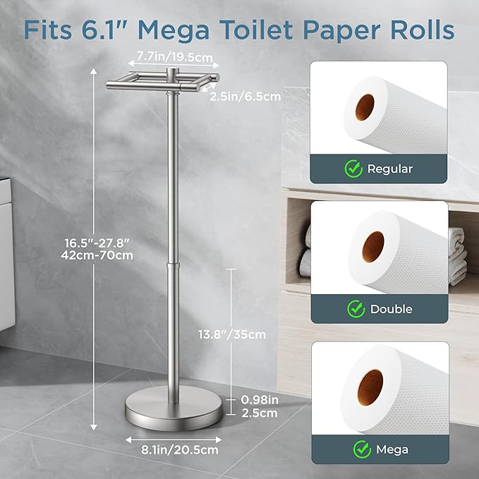 Toilet Paper Holder Stand Adjustable, Freestanding Tissue Roll Holder for Bathroom, Pivoting Design, Durable SUS 304 Stainless Steel and Weighted Base Toilet Paper Stand, Storage, Brushed Nickel