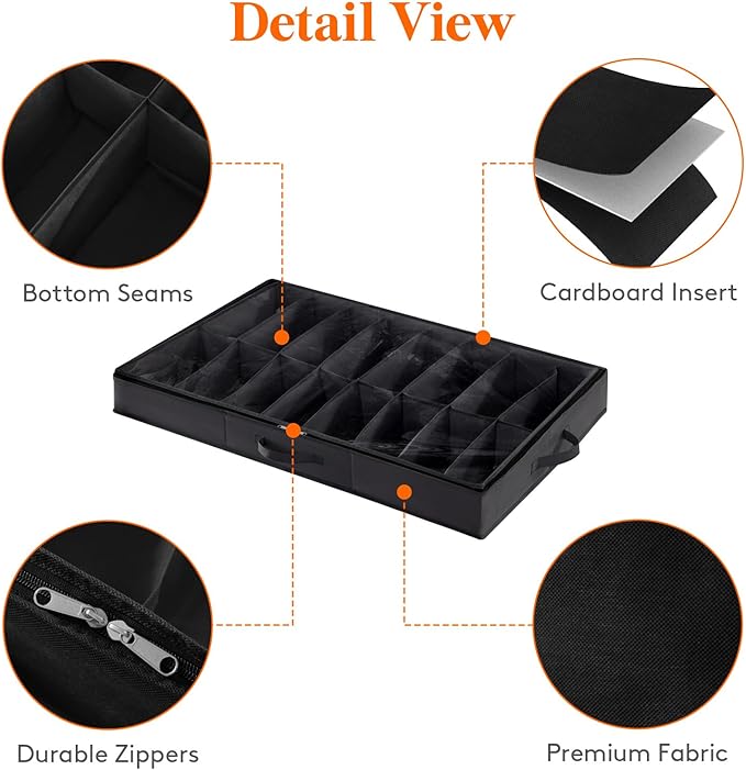 Lifewit Under Bed Shoe Storage Organizer 4 Pack(16 Pairs), 4.3" Tall Fabric Shoes Container Box, Foldable Closet Shoe Bag with 2 Reinforced Handles and Clear Cover, Black