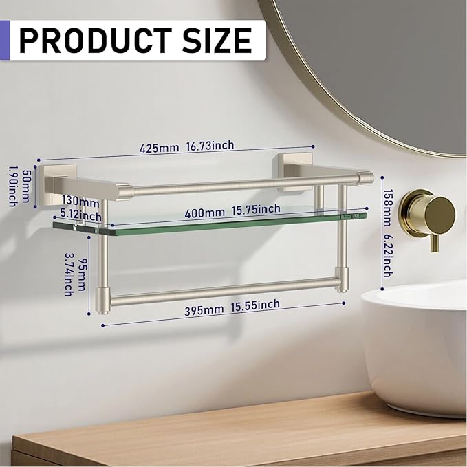 SFGSOWOR 16-Inch Modern Glass Shelf with Towel Bar, 1-Shelf, Brushed Nickel Finish, Wall Mount, Bathroom Organizer