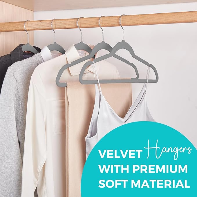 HOUSE DAY Premium Velvet Hangers 50 Pack Grey, Non-Slip Flocked Felt Hangers, Sturdy Clothes Hanger with 360° Rotatable Hook, Heavy Duty Durable Slim Coat Hanger for Closet Space Saving