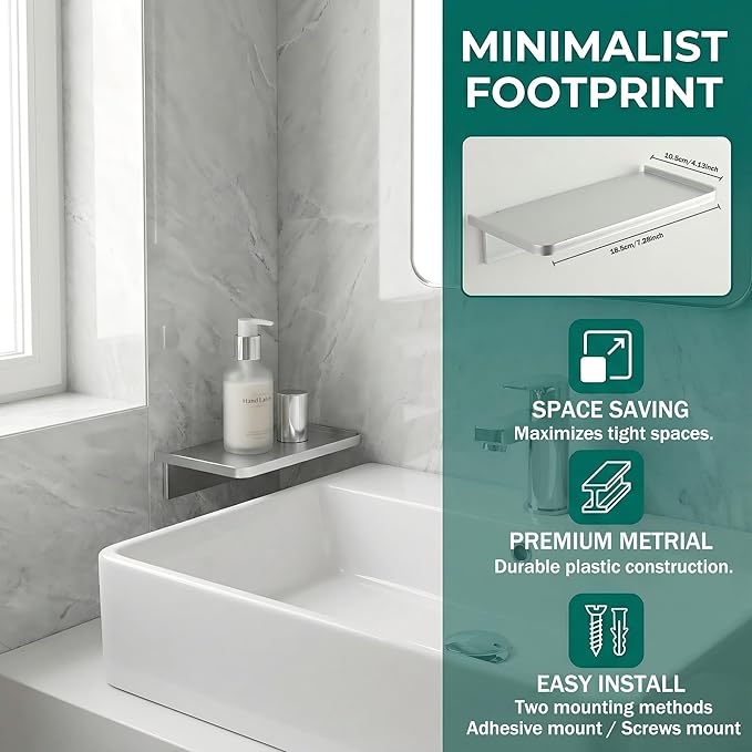 EHKIT Small Floating Shelf Heavy Acrylic Adhesive Stick on Sticky Strips/Nail Screws Wall Mount Bathroom Organizer Wipes Phone Glasses Essential Oil Perfume (Clear)