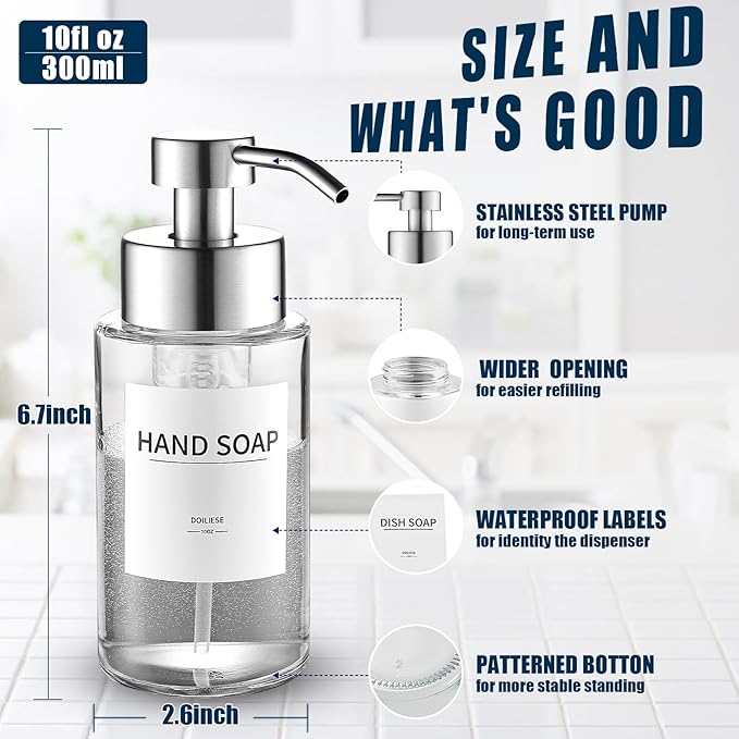 Doiliese Glass Foaming Hand Soap Dispenser, 10 oz Easy Refill Glass Soap Dispenser, Foam Dispenser with Stainless Steel Pump & Waterproof Labels, Clear Foam Soap Bottle for Bathroom Countertop