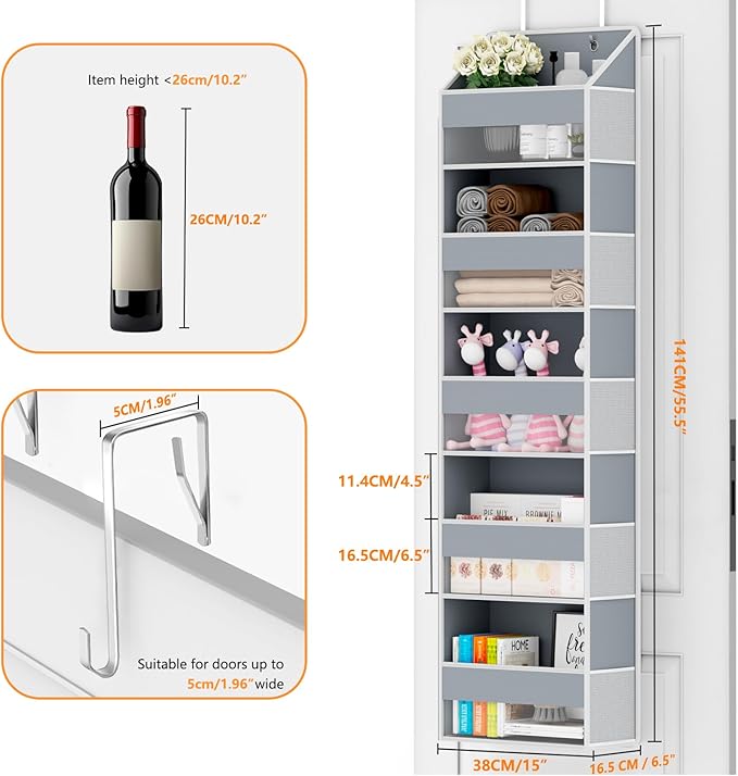 Over The Door Organizer - Over Door Storage Organizer with 5 Large Pockets & 10 Mesh Side Compartments - Heavy-Duty Hanging Storage for Bathroom, Bedroom & Closet - Baby Room Organize - Grey