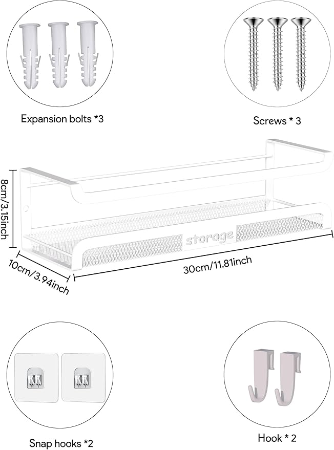 Spice Rack Wall Mount with Hooks - Spice Racks Organizer for Cabinet Storage, Wall Mounted Hanging Shelf Seasoning Organizer, for Kitchen, Pantry Door, Bathroom (White, 4 Pack)