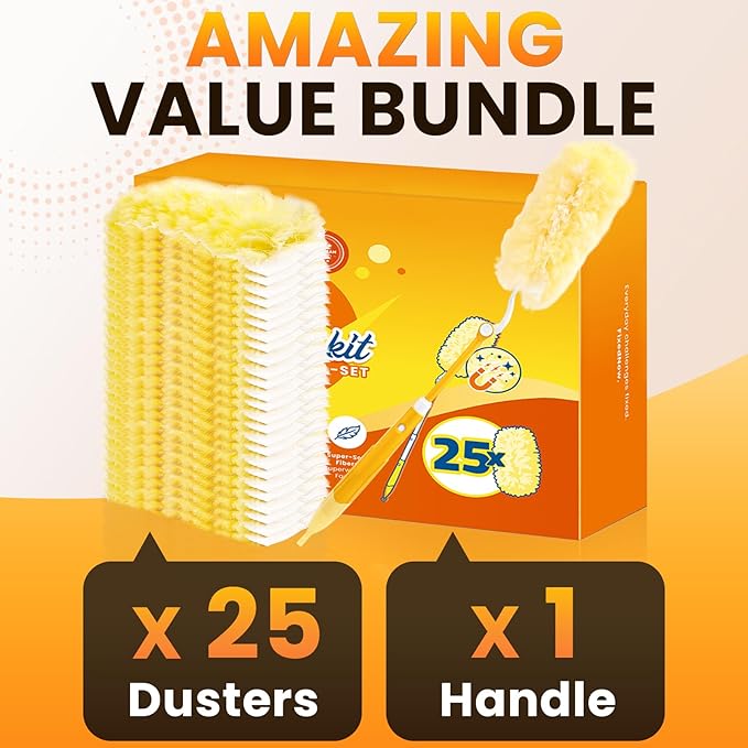 Heavy Duty Duster Refills, Disposable Dusters Kit for Cleaning Dusting Furniture Blind Ceiling Fan, Multi Surface 360 Feather Duster(25)+3FT Extended Handle