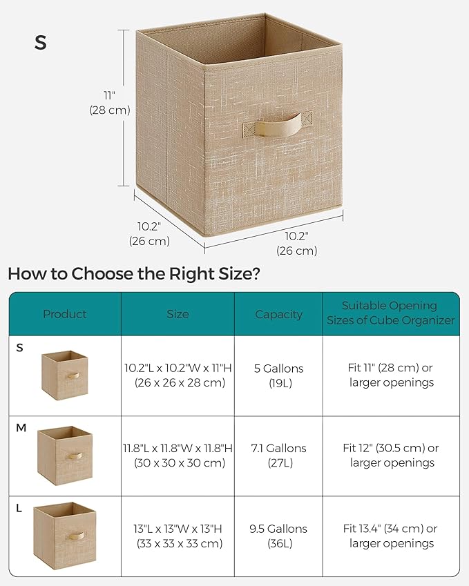 SONGMICS Storage Cubes, 11-Inch Non-Woven Fabric Bins with Double Handles, Set of 6, Closet Organizers for Shelves, Foldable, for Clothes, Sand Beige UROB026K03
