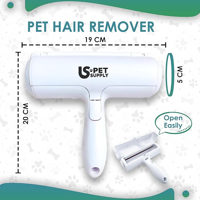 US PET SUPPLY Pet Hair Remover Roller -Reusable, Self Cleaning Lint Roller for Pet Hair Removal on Furniture, Carpets, Clothes & Car Seats-Dog & Cat Hair Remover No Sticky Tapes (White)