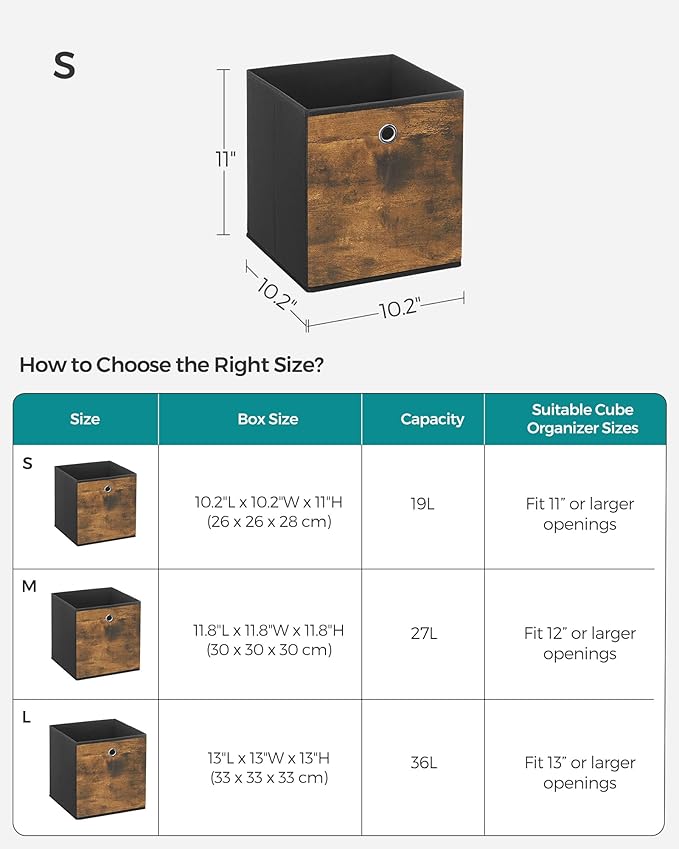 SONGMICS Storage Cubes, Set of 6 Storage Bins with Handles, Foldable Oxford Fabric and Non-Woven Fabric Storage Boxes, 10.2x10.2x11 Inches, Fit Cube Storage Unit, Rustic Brown URFB126B01