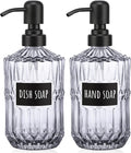 Segbeauty Glass Soap Dispenser Refillable, 2 Pack 15.2oz Modern Farmhouse Decor Pump Bottles with Labels, 450ml Western Decor Hand Soap Dispenser Set Liquid Gel Container for Bathroom Kitchen Gray