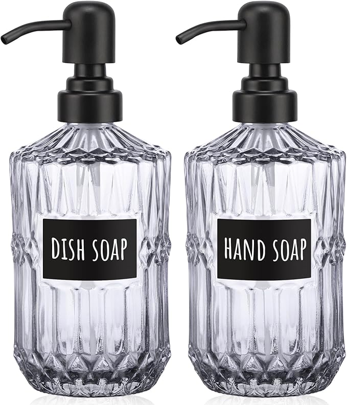 Segbeauty Glass Soap Dispenser Refillable, 2 Pack 15.2oz Modern Farmhouse Decor Pump Bottles with Labels, 450ml Western Decor Hand Soap Dispenser Set Liquid Gel Container for Bathroom Kitchen Gray
