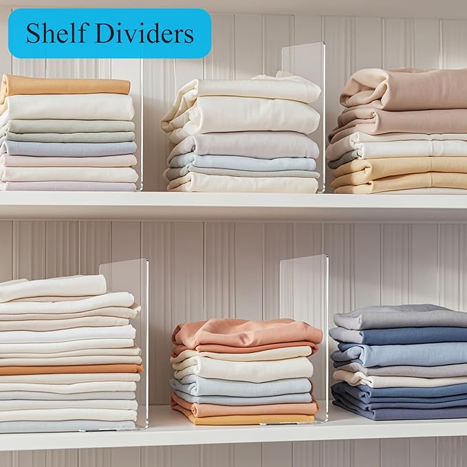 Lebouri Shelf Dividers for Closet Organization: 12" Tall x 10" Deep Acrylic Closet Shelf Dividers for Clothes Sweater Purse - Free Standing Clear Separators for Shelves