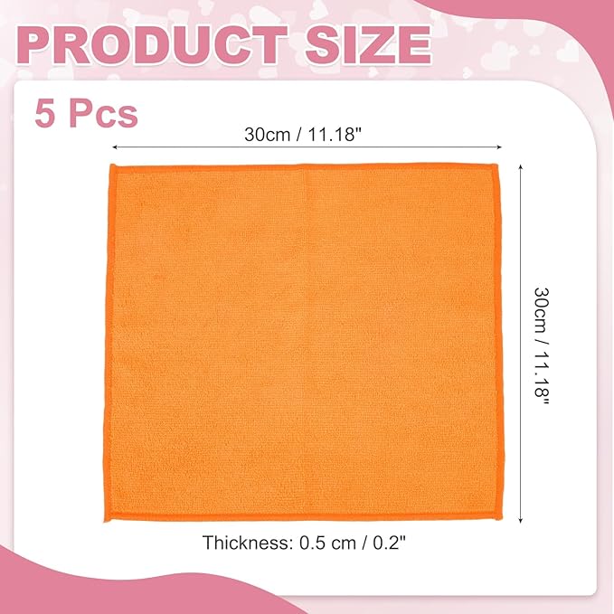 uxcell 5 Pcs Microfiber Cleaning Cloth, Kitchen Towels Reusable Microfiber Towels Highly Absorbent for Household Cleaning Supplies, Kitchen, Bathroom, Orange(Square), 11.8" X11.8