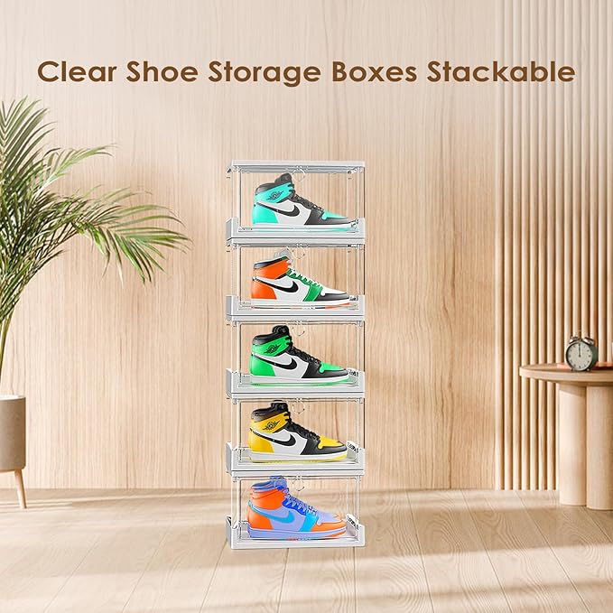 Thicken & Sturdy Clear Shoe Boxes with Magnetic Door, 3 Pack Stackable Multi-functional Shoe Storage, Shoe Organizer for Closet, Space Saving, 360 ° Dustproof & Moisture-proof, Fits Up to US Size 13