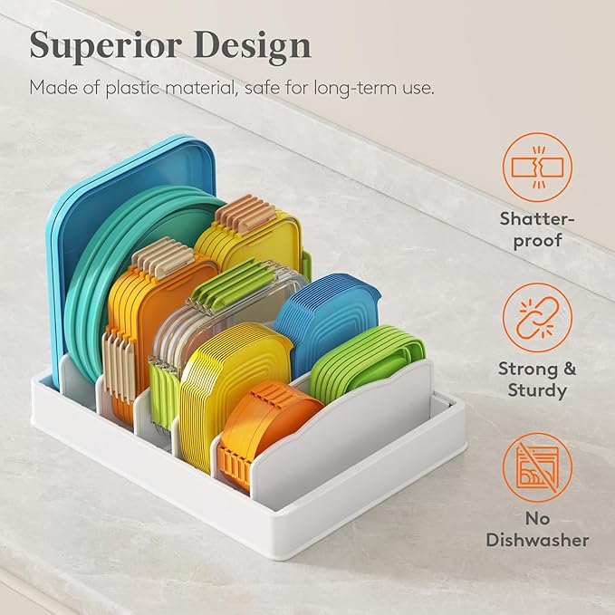 Lifewit Kitchen Cabinet Organizer for Food Contanier Lid, Large Lid Holder with 6 Adjustable Dividers & 7 Sections for Pantry Organizers and Storage, Home Drawer Organization, 13" x 10"
