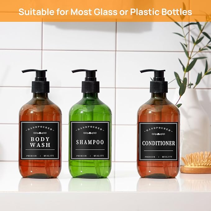 12PCS Bathroom Labels for Soap Dispenser, Removable Bathroom Organization Labels, Waterproof Bottle Labels for Shampoo Conditioner Body Wash (Black)