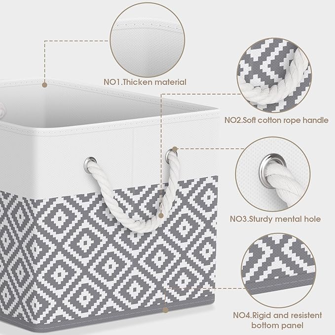 Storage Bins, 2-Pack Large Storage Box with Rope Handles, Collapsible Storage Basket for Organizing Books, Clothes, Rhombic Grey