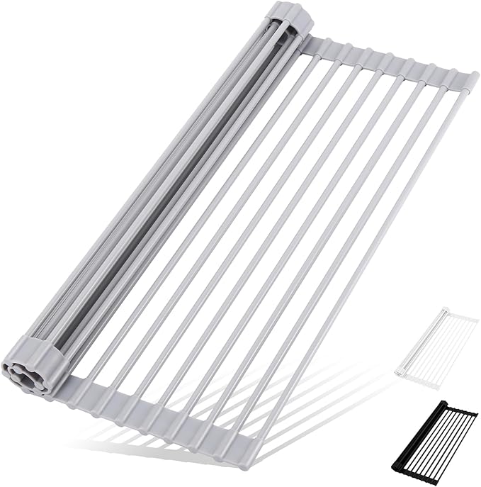 Roll Up Dish Drying Rack Over The Sink Kitchen Roll Up Sink Drying Rack Multipurpose Foldable Sink Drying Mat, Heat-Resistant, Anti-Slip & Anti-Rust Dish Rack for Kitchen, 17" x 13", Grey