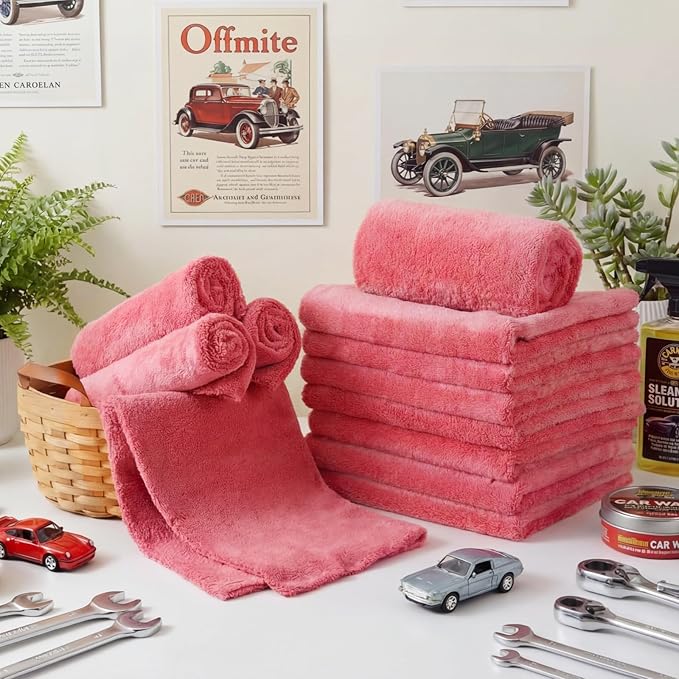 Shimeyao 30 Pcs 16 x 16 Inch Edgeless Microfiber Plush Towels for Cars Detailing Drying Wash Polishing Absorbent Cleaning Cloths, 500 GSM (Vivid Red)