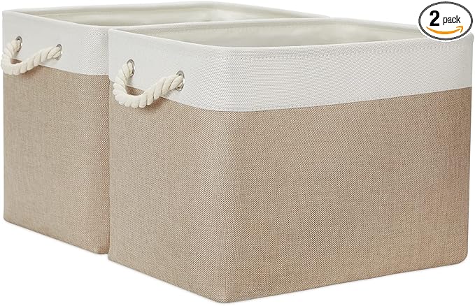 Temary Fabric Storage Baskets 2 Pack Decorative Storage Bins Basket for Gifts Empty Shelf Baskets with Handles for Organizing Home Closet, Towels (White&Khaki,16Lx12Wx12H Inches)