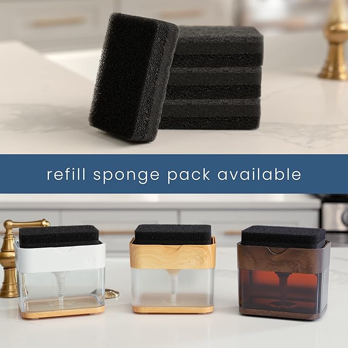S&T INC. Dish Soap Dispenser and Sponge Holder for Kitchen Sink, Waterproof Labels and Sponge Included, 13 Ounces, Plastic, White and Bamboo
