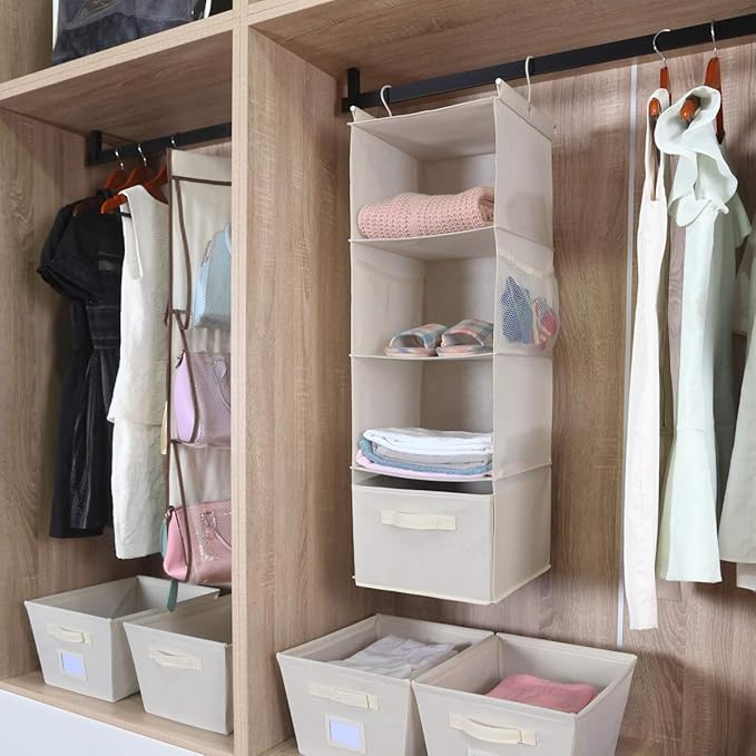 MAX Houser 4-Shelf Hanging Closet Organizer, Space Saver, Cloth Hanging Shelves with 2 Side Pockets, Foldable (Beige)