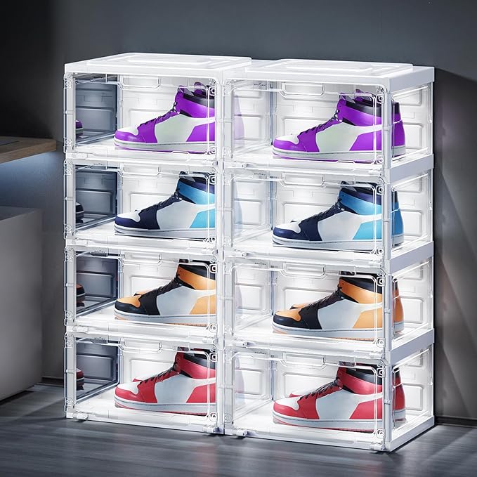 BROVIEW Led Shoe Boxes - Foldable Shoe Storage Case with Lights, Voice Activated, 2 Row 4 Tier White