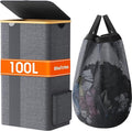 Laundry Basket Clothes Hamper with Lid and Pocket Large Collapsible Laundry Baskets with Handle, Freestanding Hampers for Bedroom Aesthetic, Dorm, Bathroom, Laundry Room (100L,Light Grey)