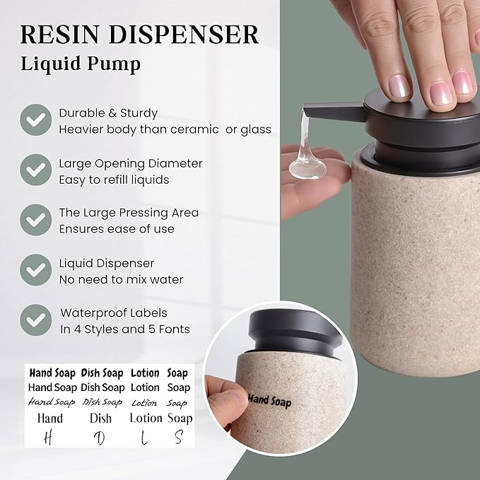 Liquid Soap Dispenser with Easy-to-Press Pump, 10 oz Refillable Hand Soap Dispenser with Extended Spout for Bathroom Kitchen Dish Lotion, Modern Stone Texture (Beige)