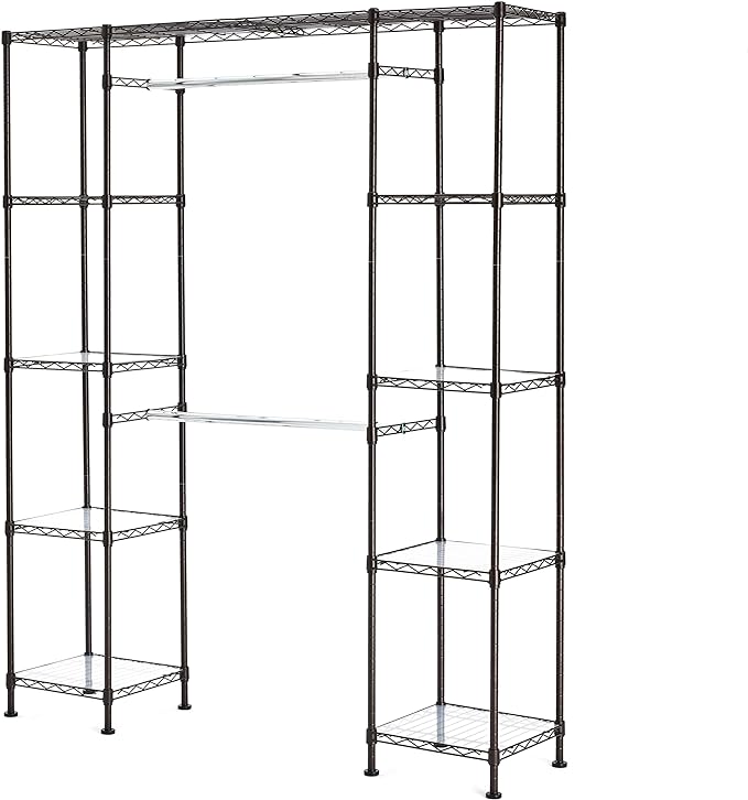 Amazon Basics Expandable Metal Hanging Closet Organizer and Storage Rack Wardrobe with Shelves, 57-80''L x 14''W x 72''H, Bronze