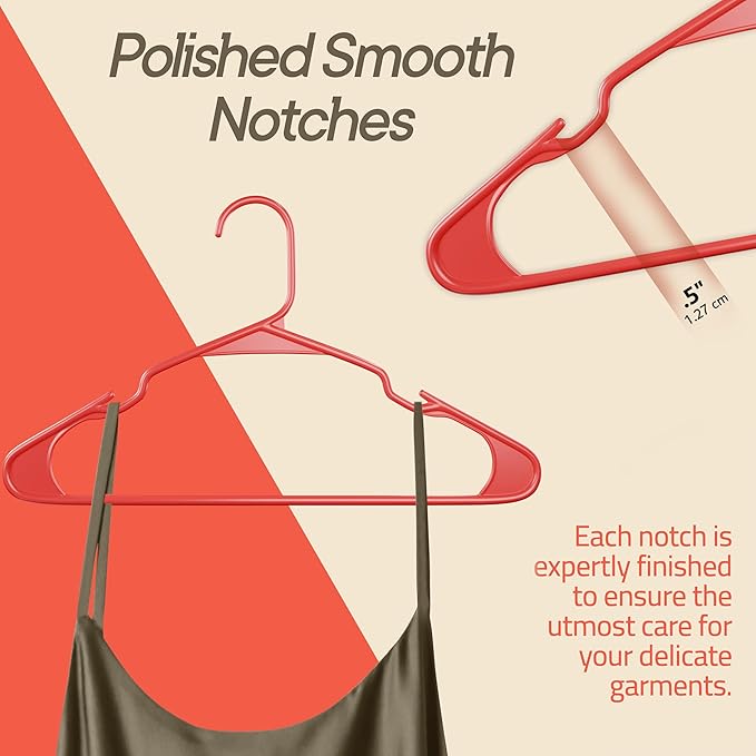 Plastic Clothes Hangers – Heavy Duty Hanger Set, for Organizing Clothes, Dresses, and Coat, Holds Up to 5 lbs, Space-Saving Hangers with Non-Slip Shoulder Grooves, Pack of 50, Red