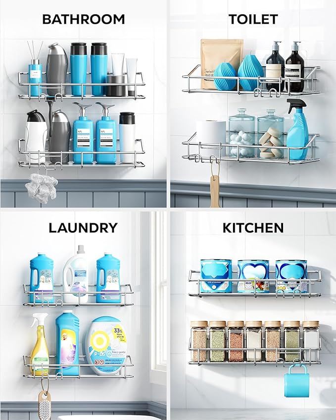 Nieifi Shower Caddy Shelf with Hooks Storage Rack Organizer Adhesive Stainless Steel without Drilling for Bathroom, Lavatory, Washroom, Restroom, Shower, Toilet, Kitchen (Sliver, 5 Pack)