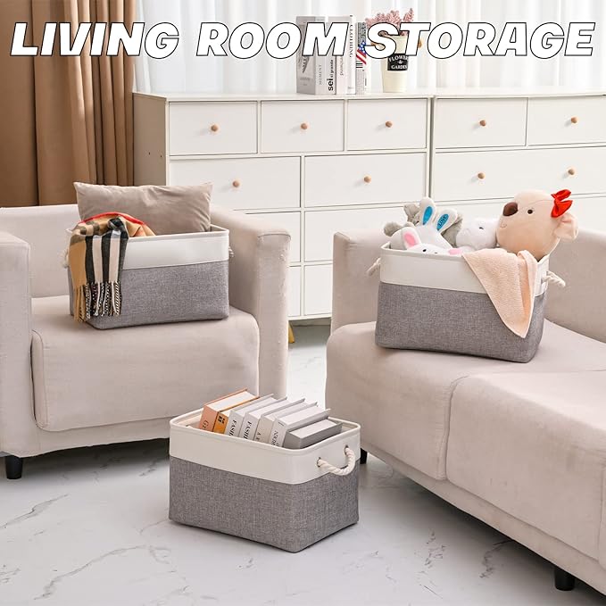 Storage Bins 3 Pack, Fabric Storage Basket for Collapsible Medium Canvas Storage Baskets for Organizing Shelf Nursery Home Closet with Cotton Rope Handle 15(L) x 11(W) x 9.5(H) inch(White&Grey-3PCS)