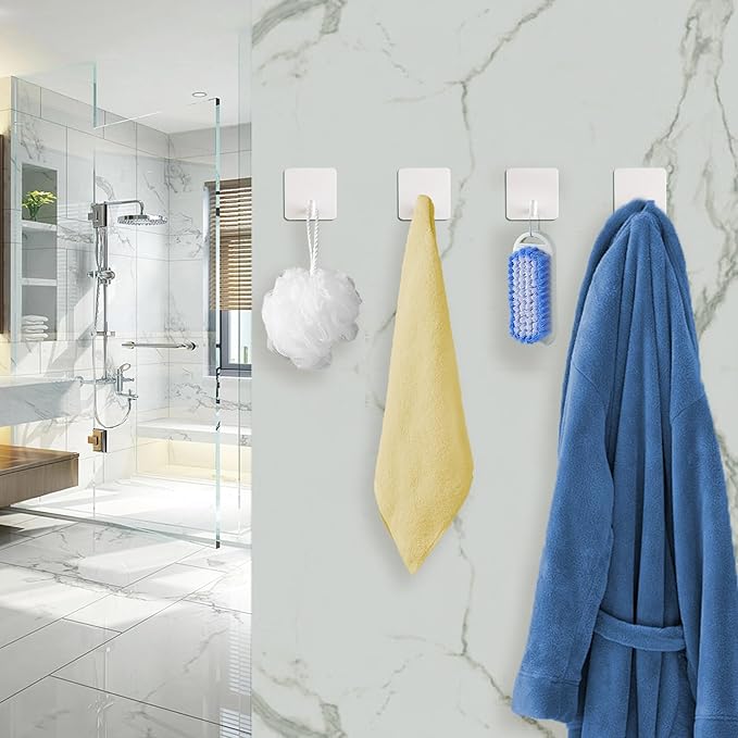 FOTYRIG Adhesive Towel Hooks Heavy Duty Stick on Towel Holder Wall Hangers Waterproof Stainless Steel Sticky Hooks for Hanging White Bathroom Kitchen Home-4 Packs