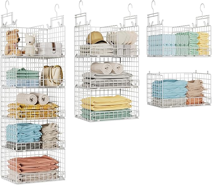 5 Tier Hanging Closet Organizer with Adjustable Dividers, Heavy-Duty Storage Shelves for Clothing, Kitchen, Laundry Room, Extra Large Baskets, 15.7" W x 11.8" D x 51" H, White