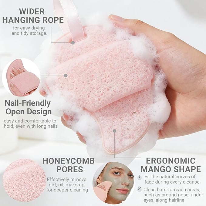 Facial Cleansing Sponge Set 3, Reusable Face Scrubbers for Gentle Cleansing & Dead Skin Removal, Cleaning Puff Wash Pads Mango Shaped for Daily Face Wash(Pink & Green)