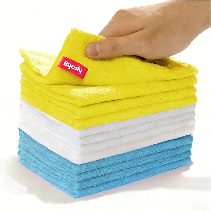 12-Pack Microfiber Cleaning Cloth, 11.5x11.5 Microfiber Towels for Cars, Dishes & House, for Detailers, Chefs & Efficient Home | Scratch-Free, Lint-Free, Ultra Absorbent(Yellow/White/Blue)