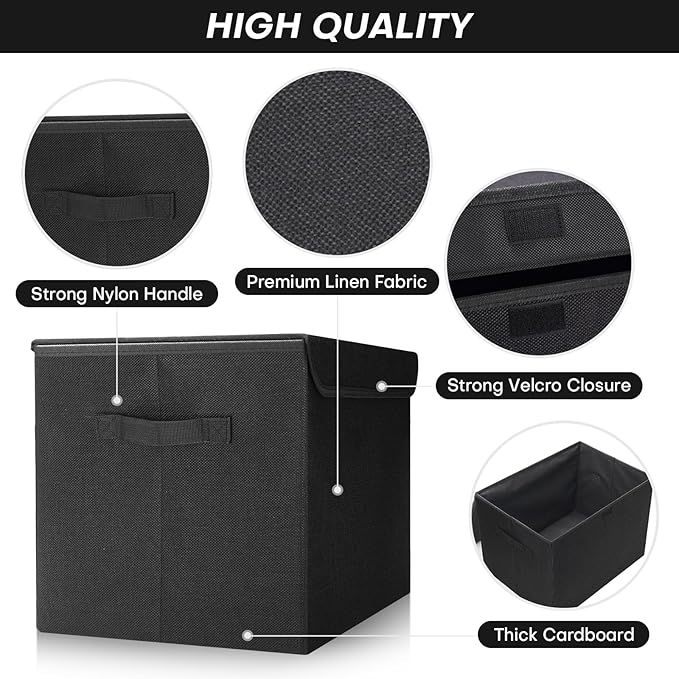 Large 42 Quarts Fabric Storage Bins with Lids [2-Pack] Linen Collapsible Foldable Storage Cubes, Closet Organizer Containers boxes with Handles for Home Office (16.7 x 12 x 12, Black)